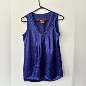 Tory Burch Sleeveless Pleated V-Neck Satin Top in Royal Blue